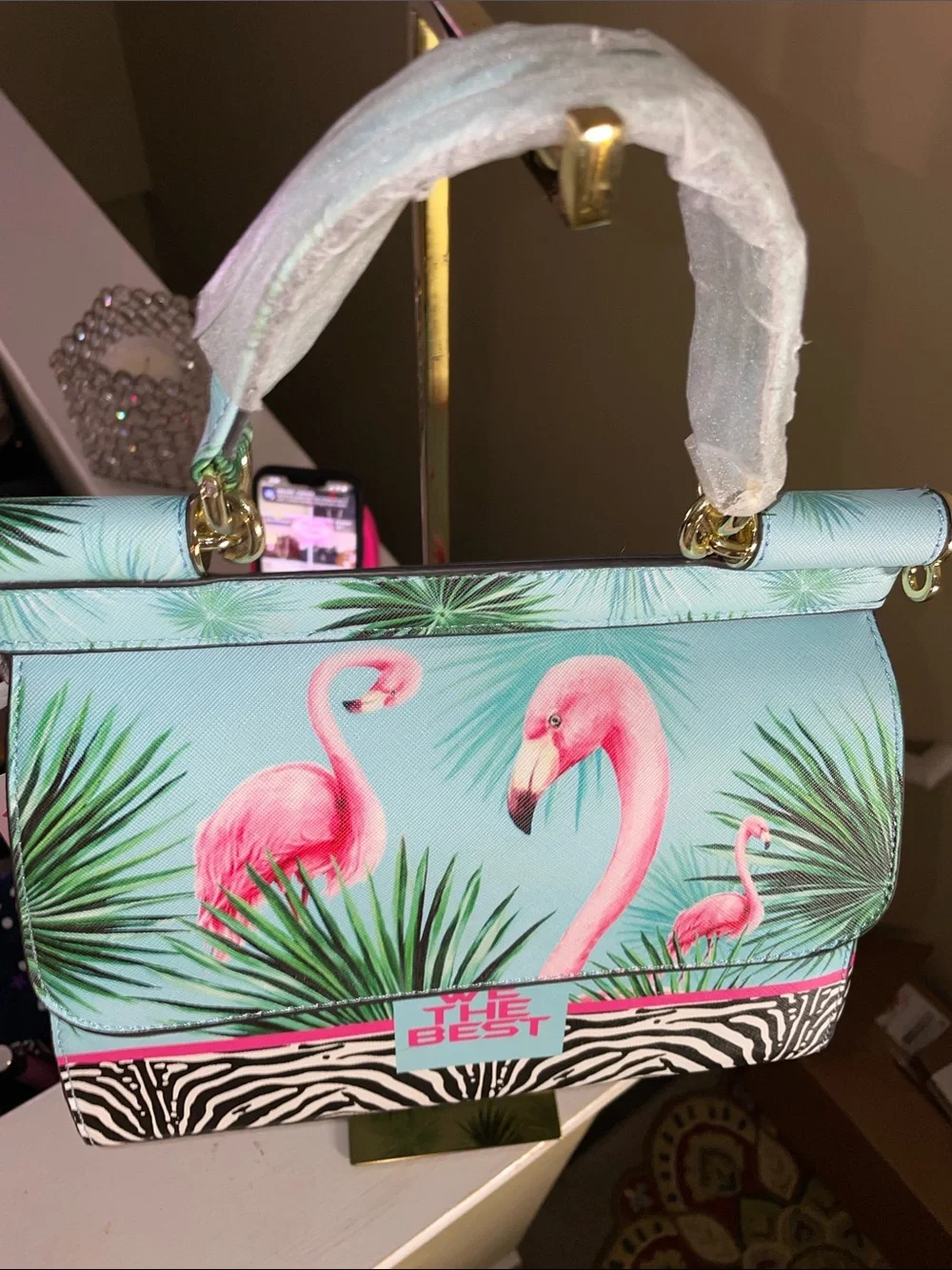 Flamingo Print Satchel - Mint Pink